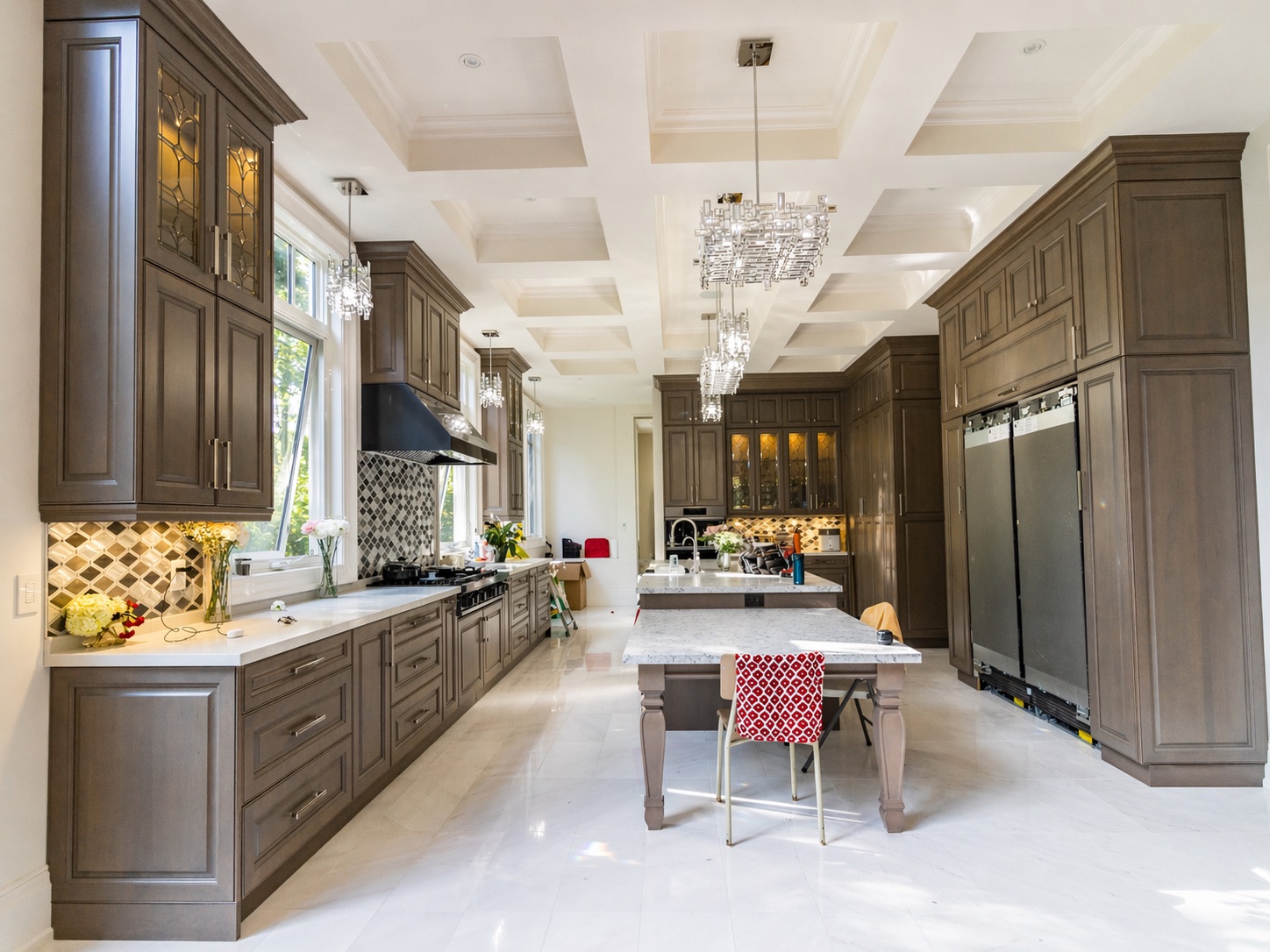 Custom kitchen with coffered ceiling and Level 5 finish